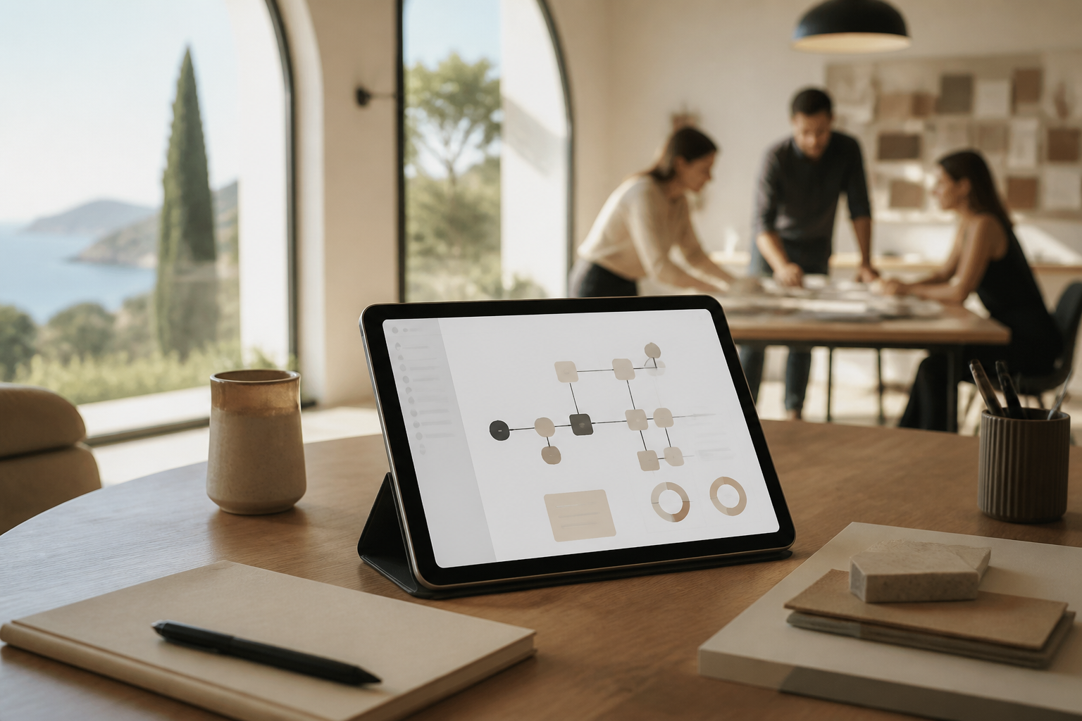 Un artisan menuisier en Occitanie utilisant une tablette connectée pour gérer son planning de manière fluide.