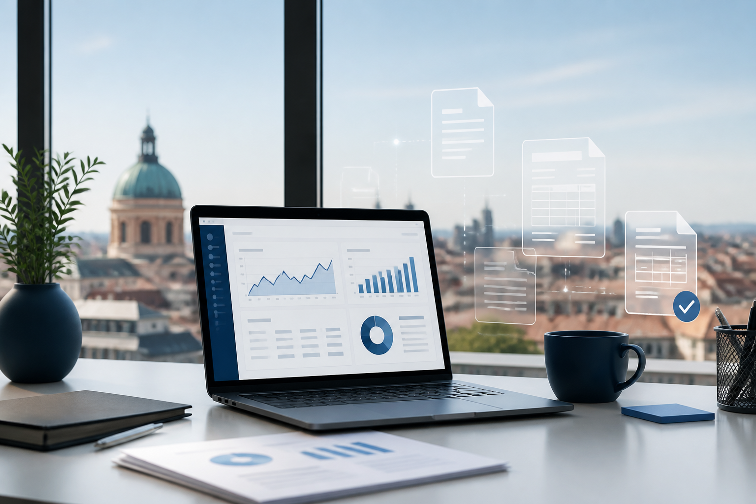 Tableau de bord numérique affichant des factures automatiques et des flux financiers simplifiés