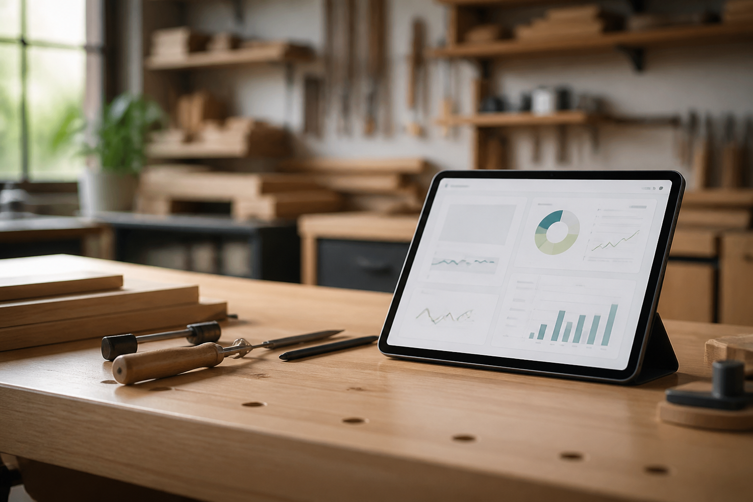 Un artisan menuisier en Occitanie utilisant une tablette numérique dans son atelier pour valider un devis.