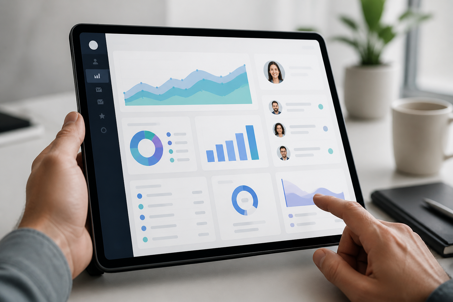 Tablette affichant un tableau de bord de gestion client personnalisé avec une vue épurée.