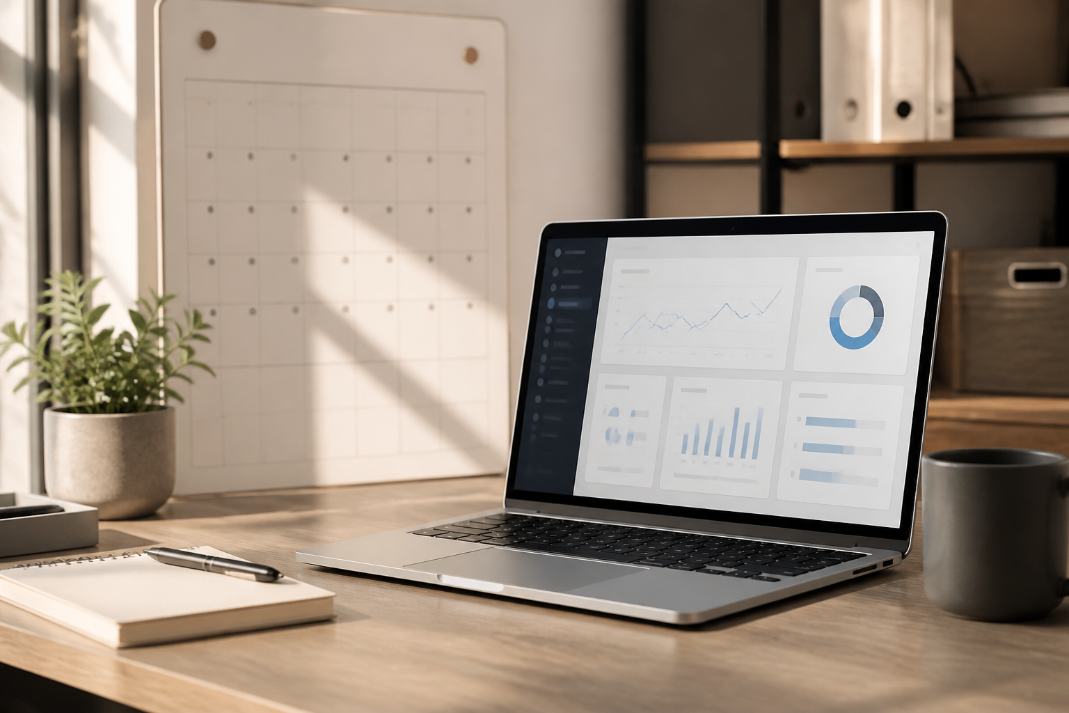 Un calendrier professionnel posé sur un bureau moderne avec un écran affichant une interface de boutique en ligne.