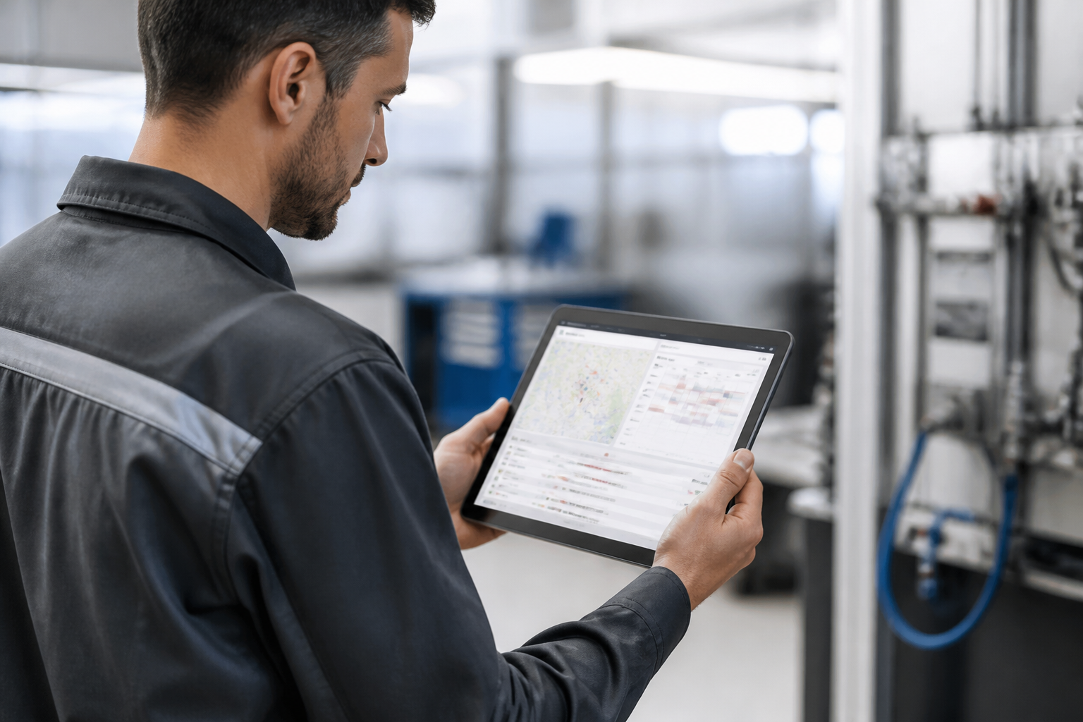 Un technicien de maintenance en Occitanie consultant son application de gestion sur tablette lors d'une intervention.