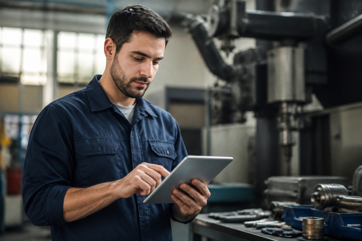 Un technicien de maintenance en Occitanie consultant son application de planning sur une tablette devant un équipement industriel.