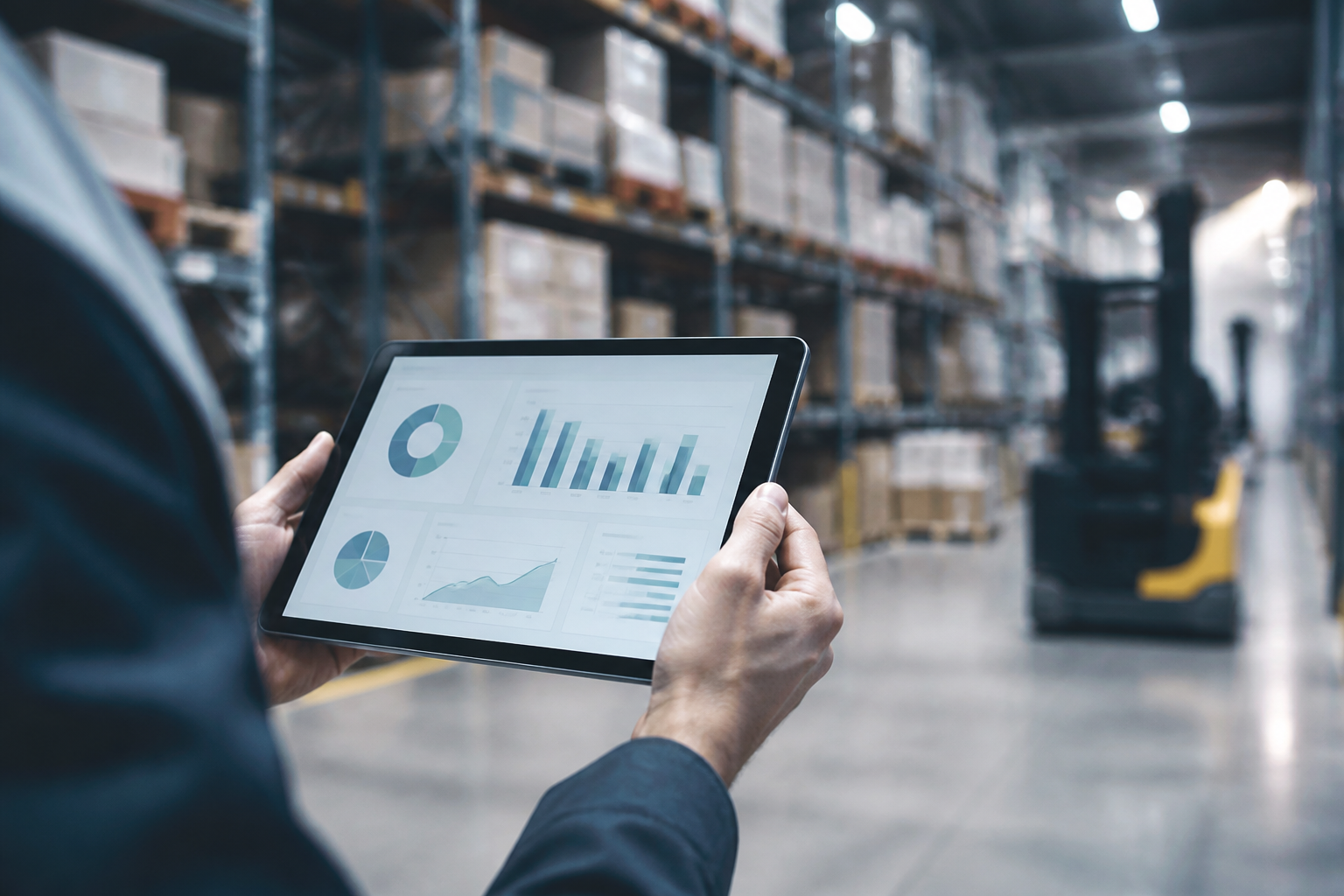 Un gestionnaire d'entrepôt en Occitanie utilisant une tablette pour scanner des produits et gérer ses stocks en temps réel.