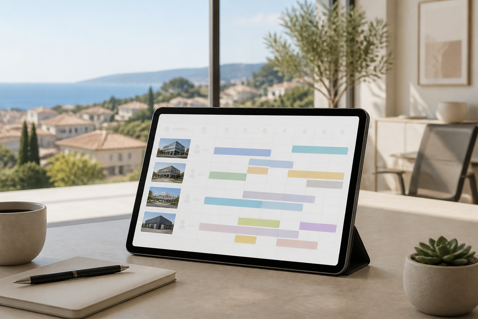 Interface moderne de gestion de planning affichée sur une tablette dans un bureau professionnel.