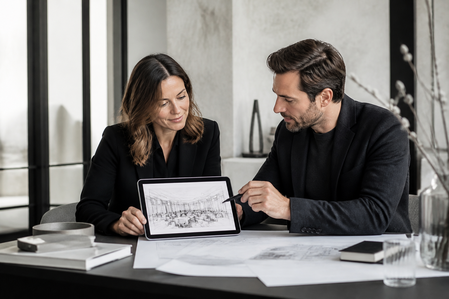 Équipe d'agence événementielle en pleine réunion créative autour d'une tablette.