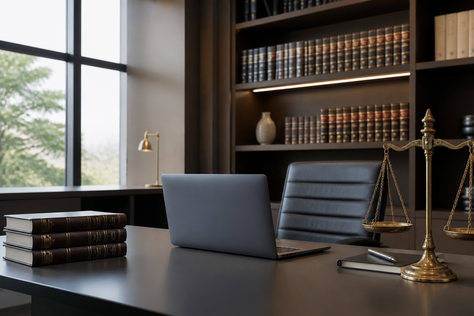 Un bureau d'avocat moderne et épuré avec une tablette affichant un site internet professionnel.
