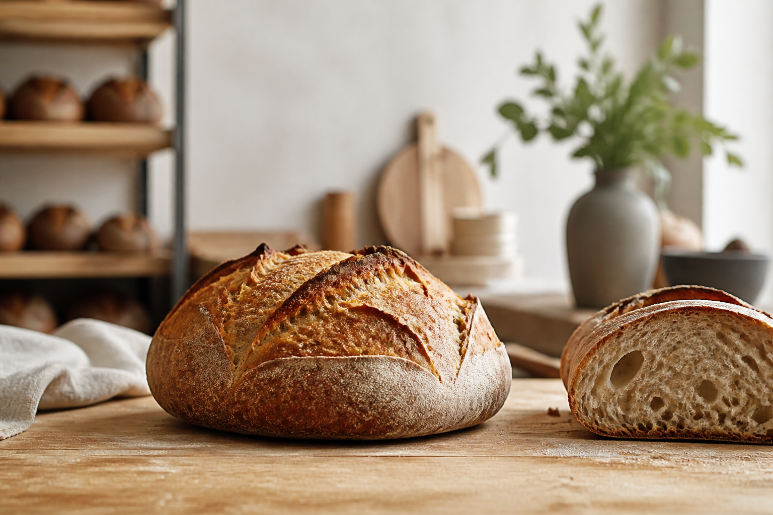 Boulanger artisanal préparant des pains traditionnels dans un fournil moderne.