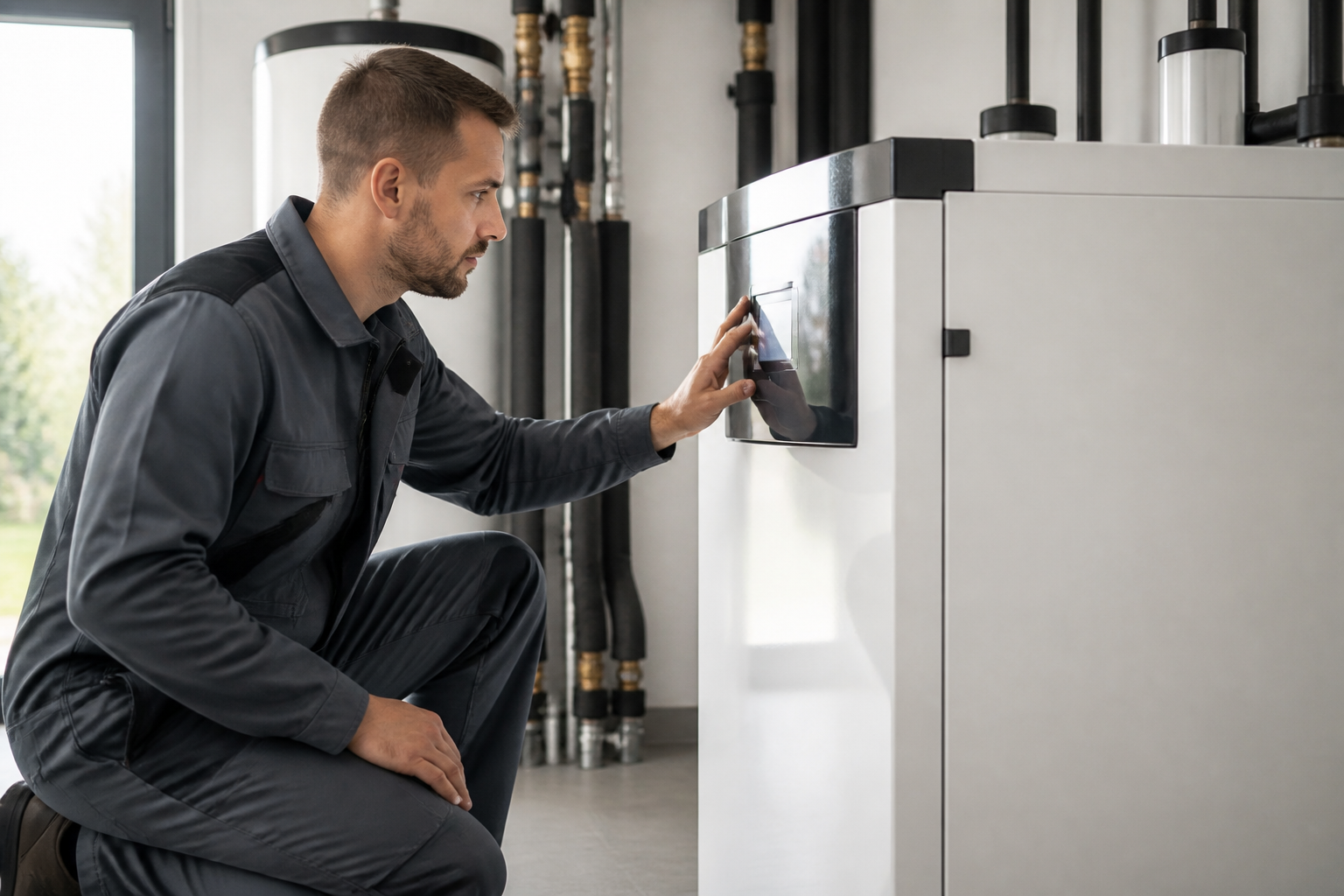 Un chauffagiste professionnel en train de vérifier une installation de chauffage moderne dans un intérieur sobre.