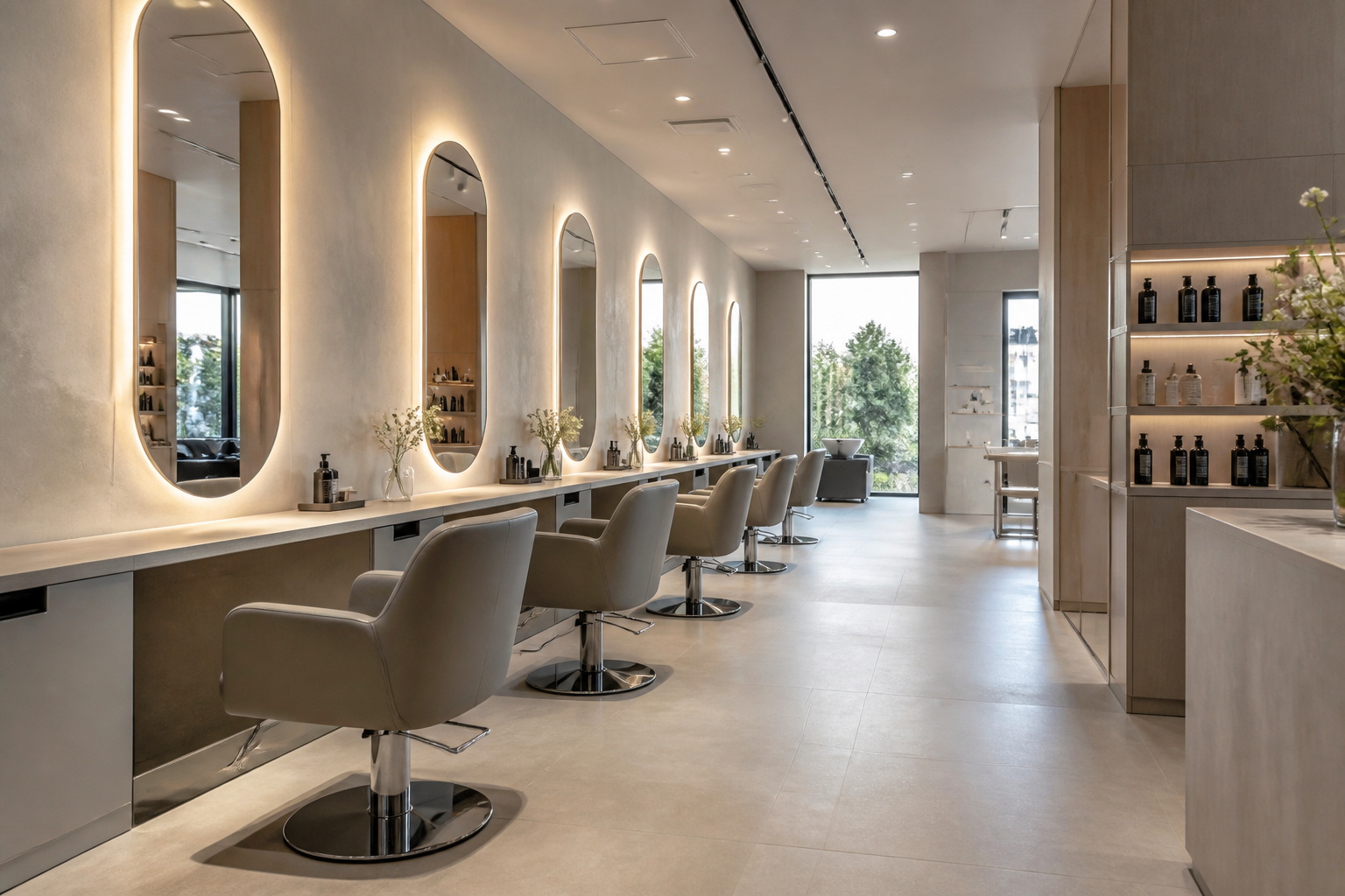 Intérieur de salon de coiffure moderne et minimaliste avec fauteuils en cuir et grands miroirs.