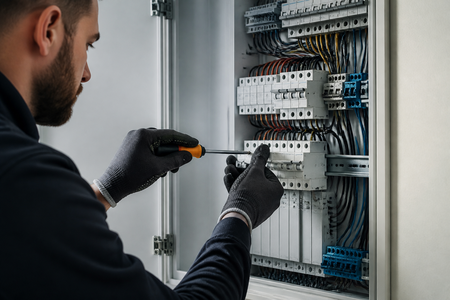 Un électricien professionnel travaillant proprement sur un tableau électrique moderne.