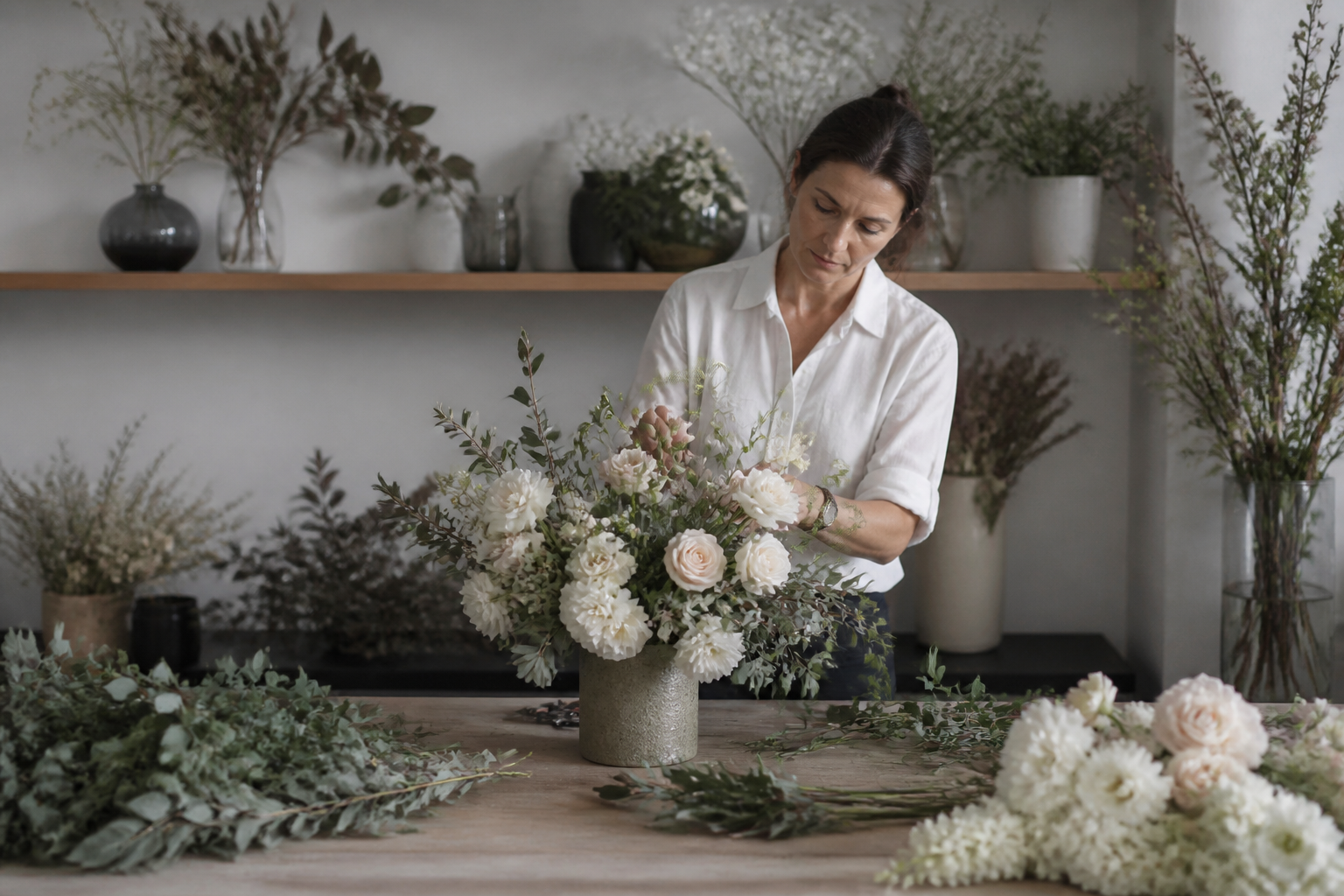 Un fleuriste préparant un bouquet dans une boutique lumineuse et moderne.