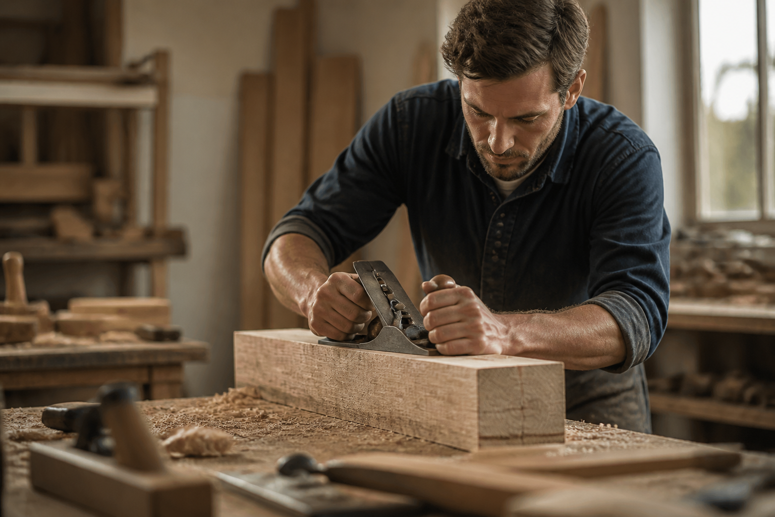 Menuisier travaillant le bois dans son atelier avec des outils de précision.