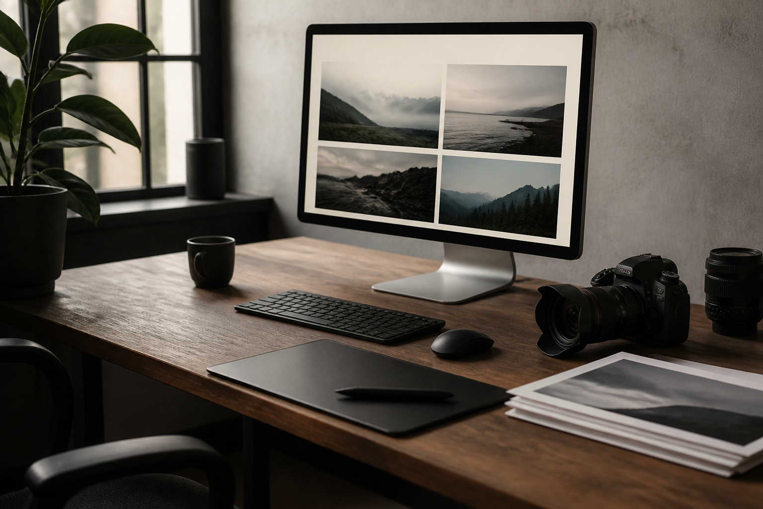 Un photographe professionnel travaillant sur son portfolio numérique dans un studio lumineux.