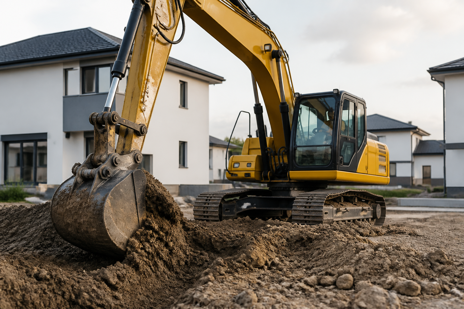 Une pelleteuse moderne effectuant des travaux de terrassement sur un terrain résidentiel.