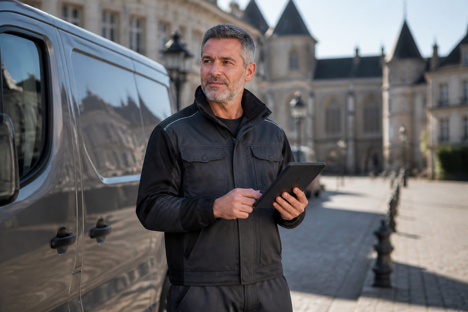 Un artisan en tenue de travail consultant sa tablette devant une camionnette stationnée sur la place de la République à Castelnaudary.