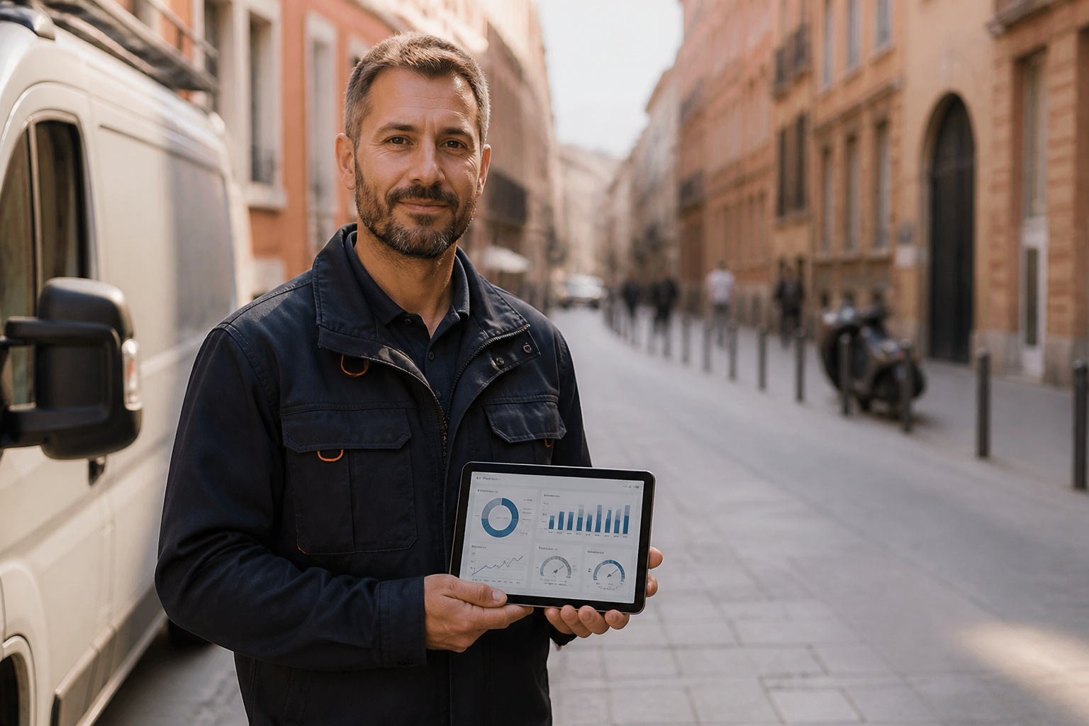 Un technicien toulousain utilisant une application métier sur tablette devant un bâtiment en briques roses.