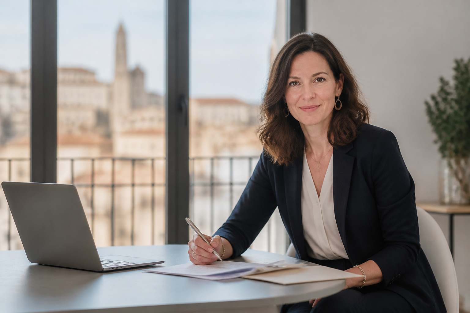 Un formateur professionnel travaillant sur une tablette dans un bureau moderne avec vue sur les toits de Castelnaudary.