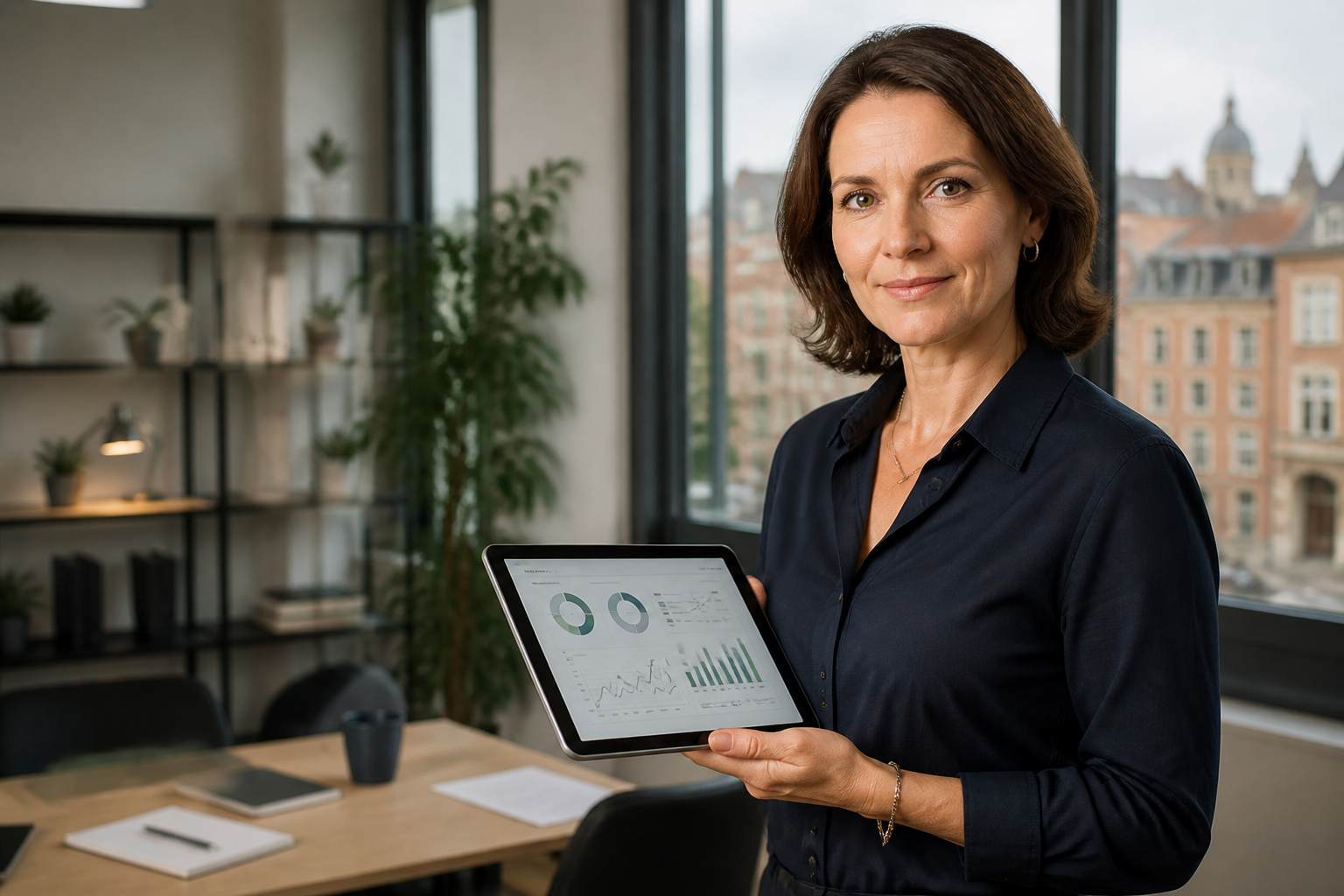 Un responsable de formation utilisant une application de gestion sur tablette devant un centre de formation à Toulouse.