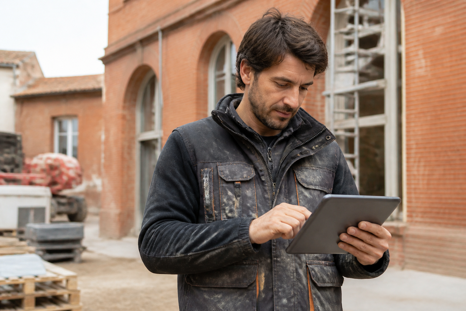 Artisan plombier consultant son planning sur tablette devant une façade en briques roses typique de Toulouse.