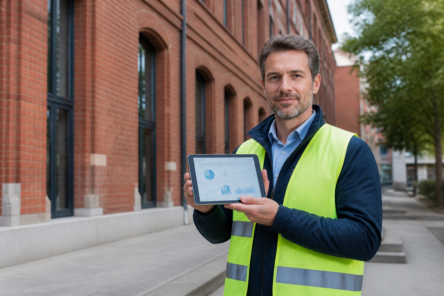 Un conducteur de travaux à Toulouse consultant une application de suivi de chantier sur sa tablette devant un bâtiment en briques roses.