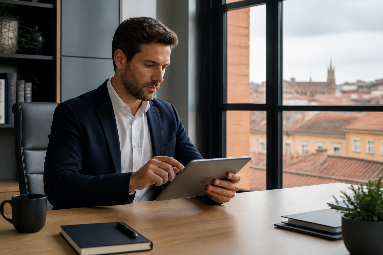Un consultant travaillant sur sa tablette dans le quartier d'affaires de Compans-Caffarelli à Toulouse.