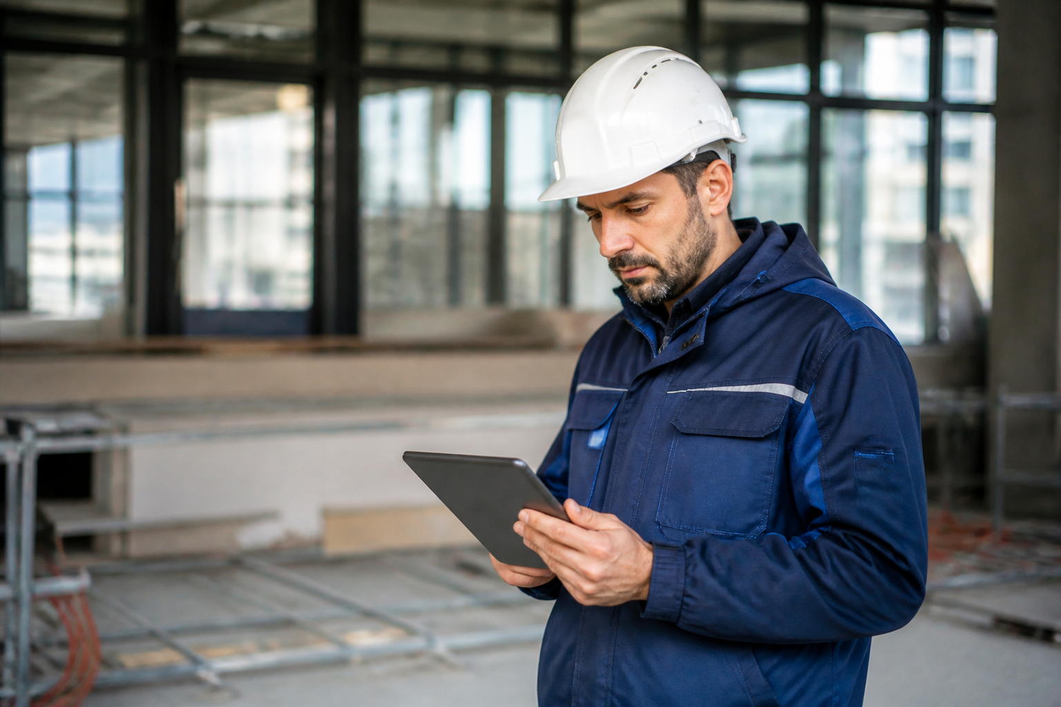 Un électricien professionnel consultant une application métier sur tablette sur un chantier à Castelnaudary.