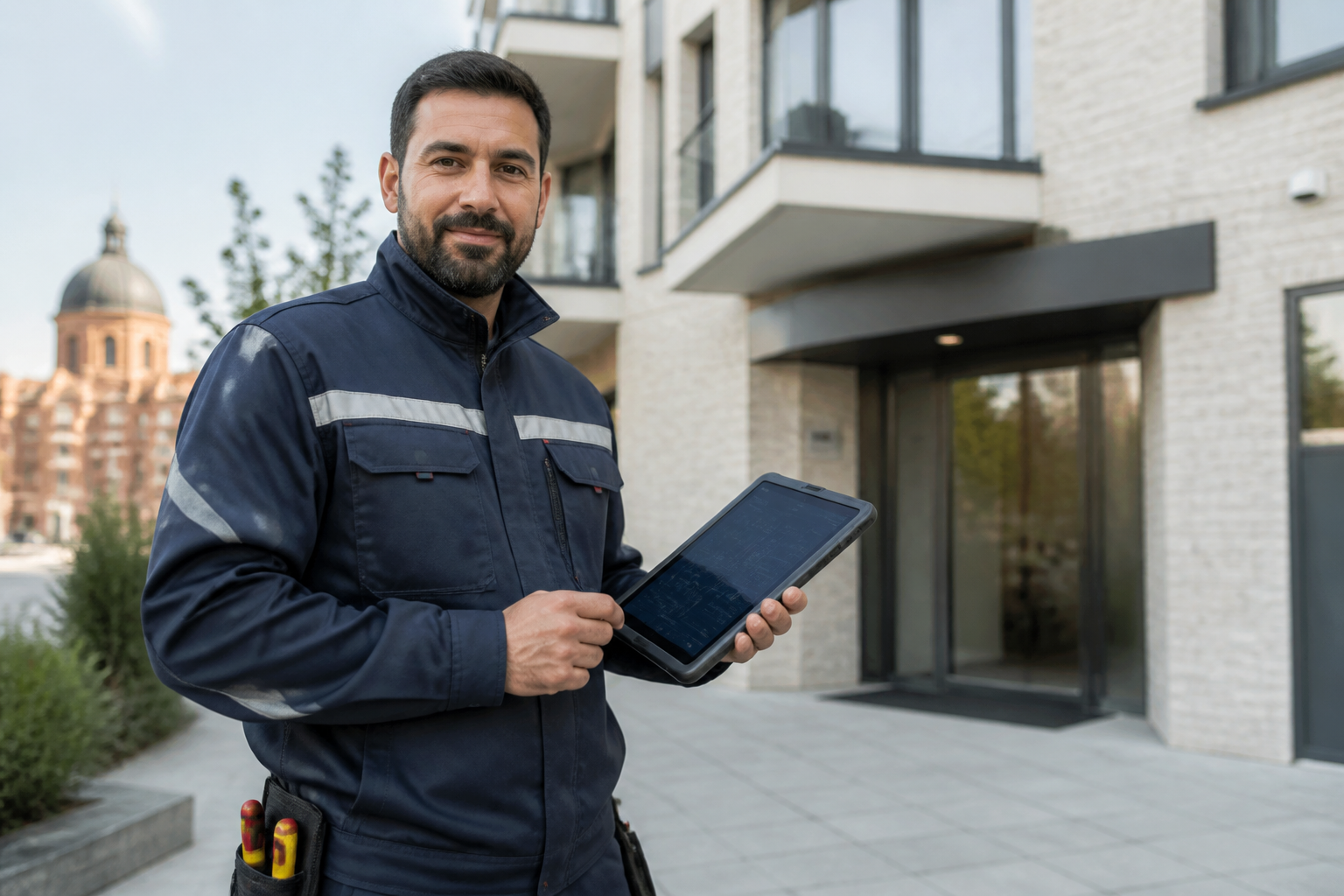 Un électricien professionnel consultant son application de gestion sur tablette devant un bâtiment moderne à Toulouse.
