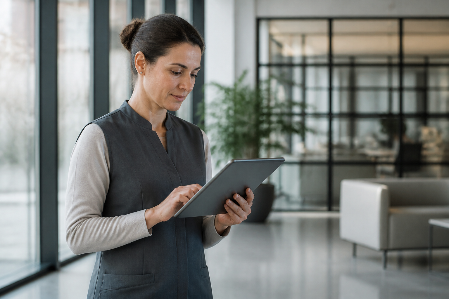 Agent de nettoyage professionnel utilisant une application sur tablette dans un bureau à Castelnaudary.