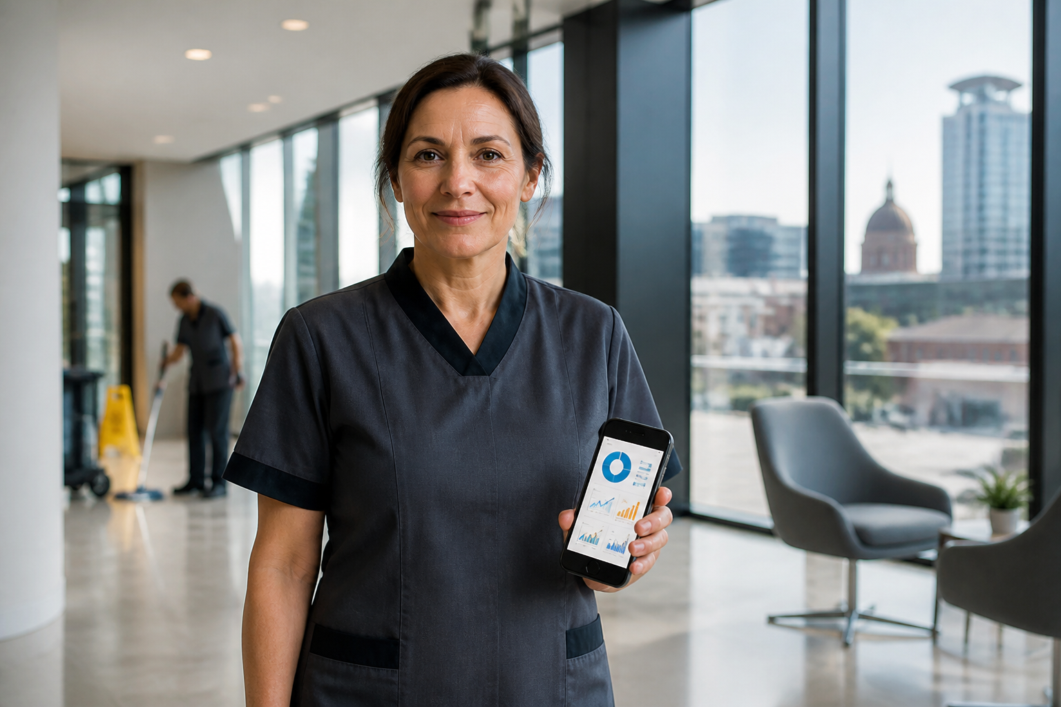 Un agent de nettoyage professionnel utilisant une application mobile devant un immeuble de bureaux moderne à Toulouse.