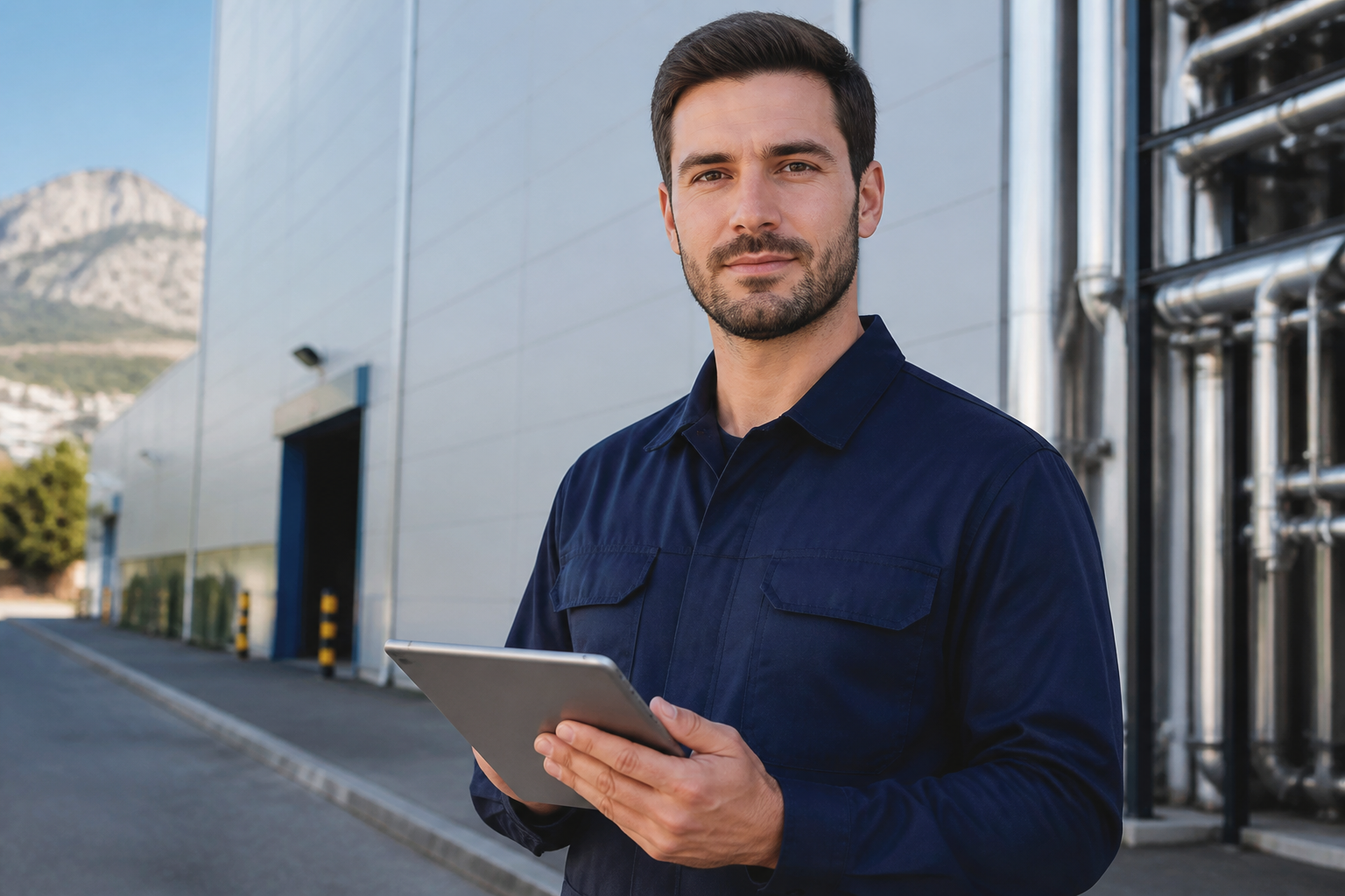 Technicien de maintenance consultant une tablette devant un bâtiment industriel à Castelnaudary.