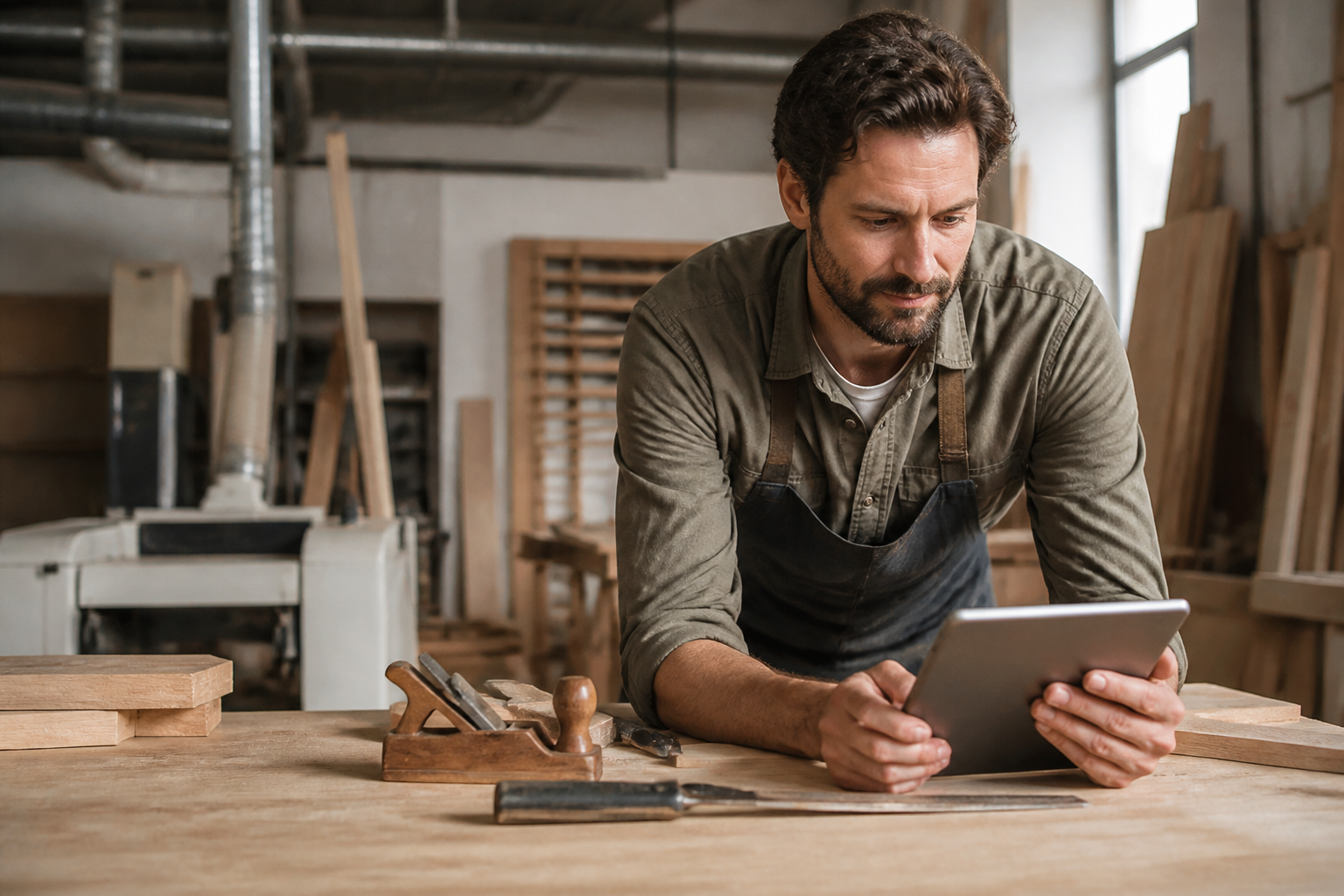 Menuisier travaillant le bois dans un atelier moderne à Castelnaudary