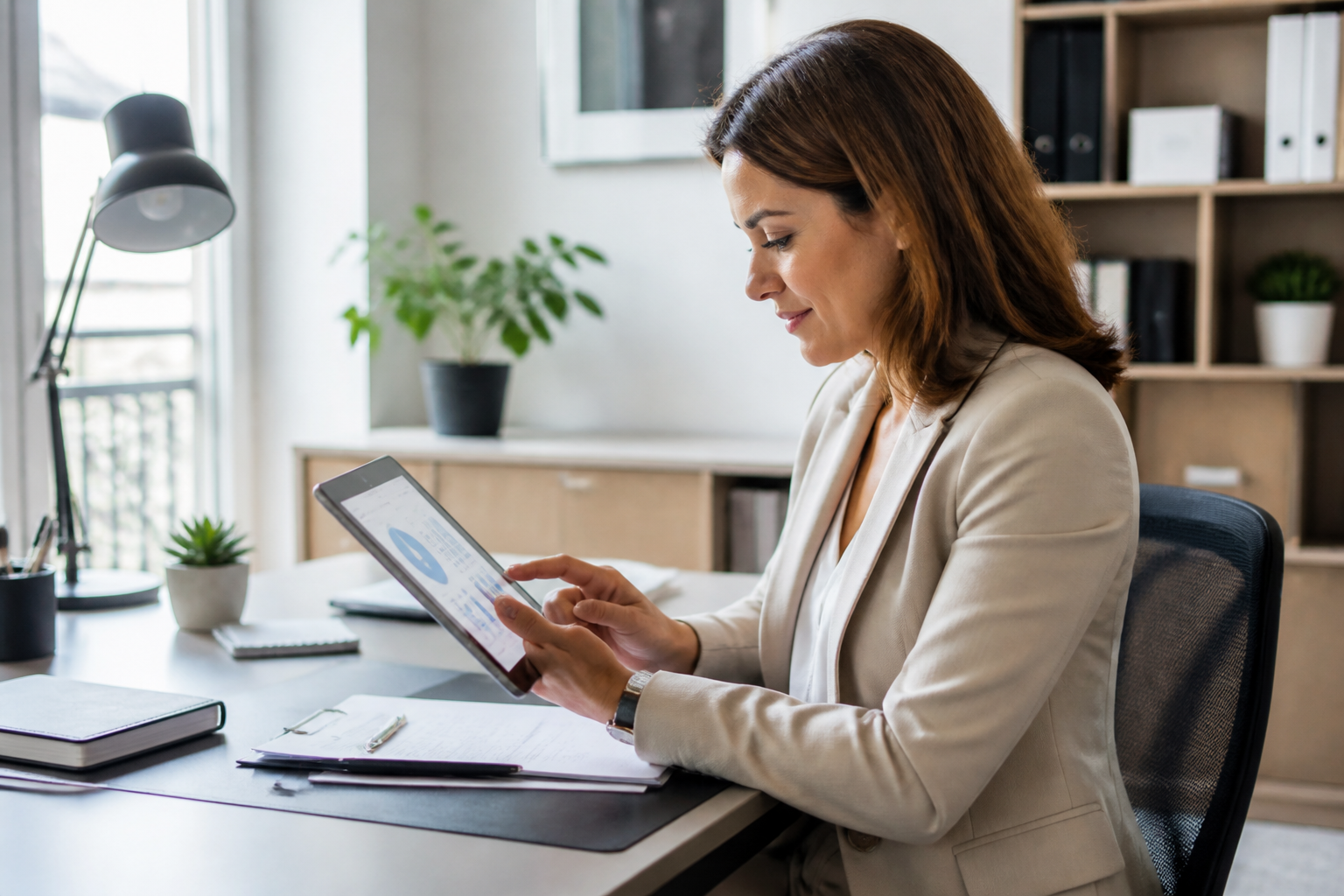 Un responsable pédagogique utilise une tablette pour valider des plannings de formation dans un bureau moderne à Castelnaudary.