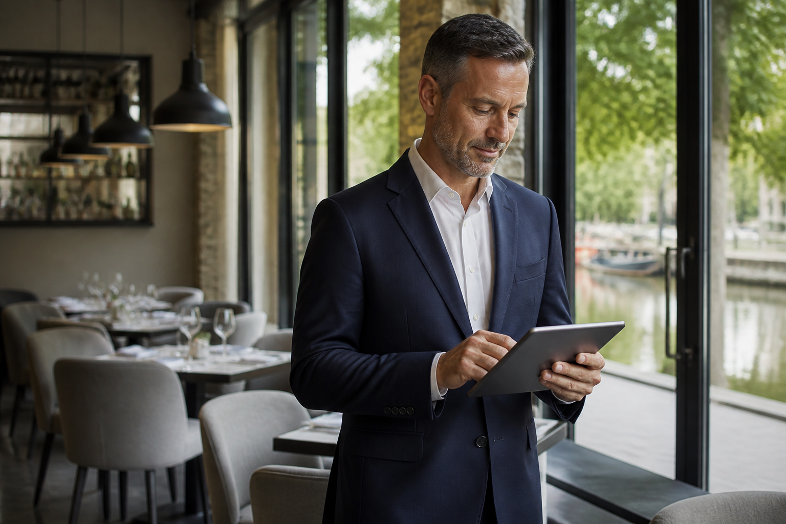 Restaurateur utilisant une tablette de gestion devant un établissement à Castelnaudary