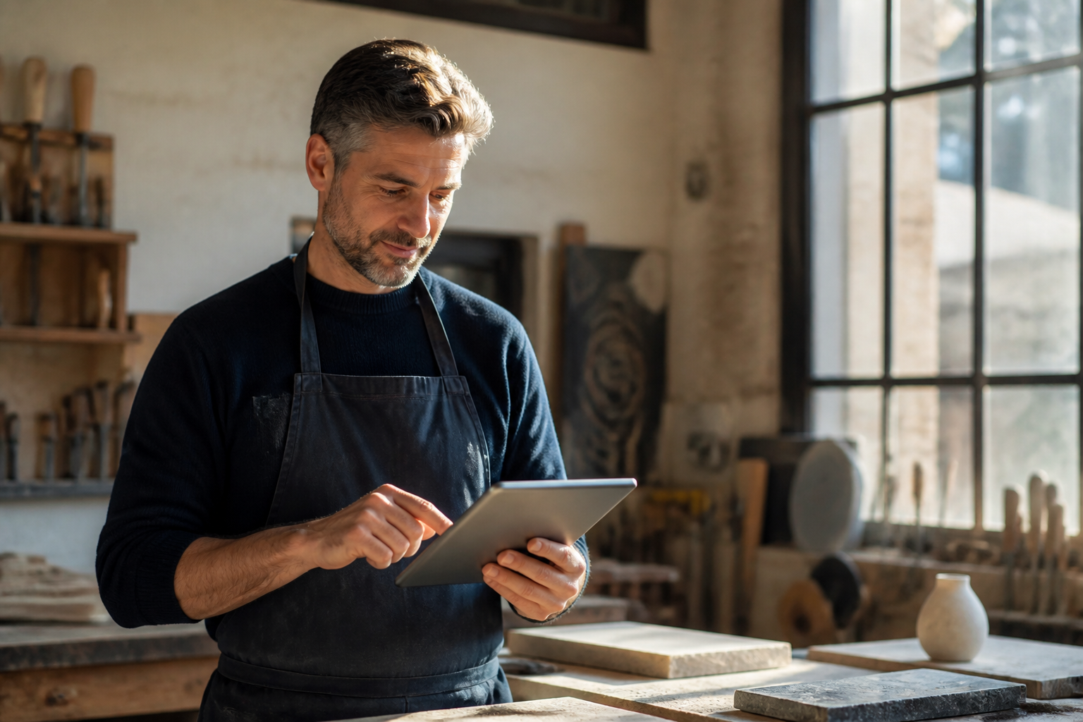 Artisan électricien à Toulouse consultant le site web de son entreprise sur une tablette numérique sur un chantier.