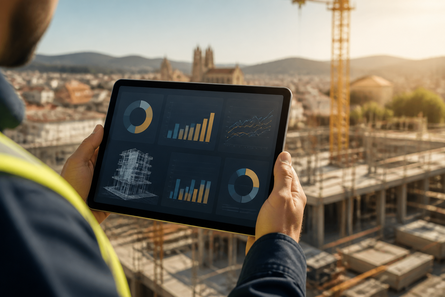 Un dirigeant du BTP examine un tableau de bord de rentabilité sur une tablette sur un chantier à Montpellier.