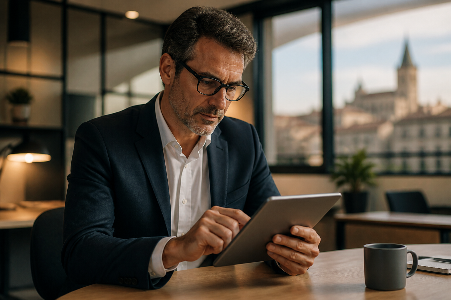 Un dirigeant de PME analyse des graphiques de rentabilité sur une tablette dans un bureau moderne.