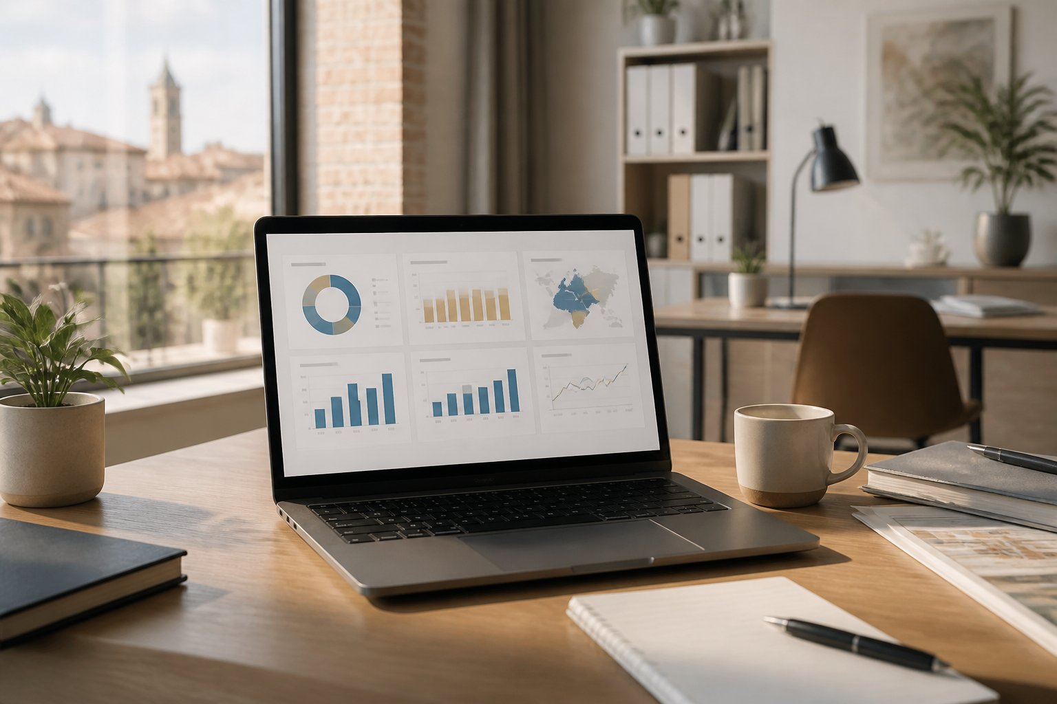 Un dirigeant de PME analyse des graphiques de performance et des dossiers d'appels d'offres sur une interface logicielle épurée.