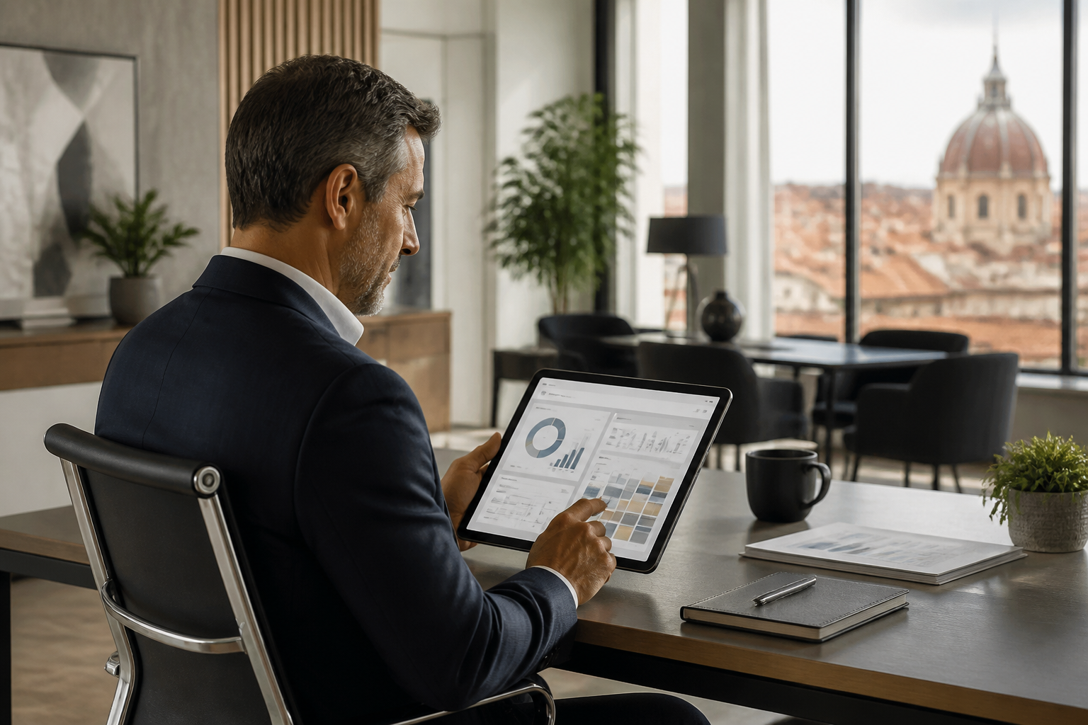 Un responsable de centre de formation utilisant une interface logicielle moderne sur une tablette dans un bureau lumineux.