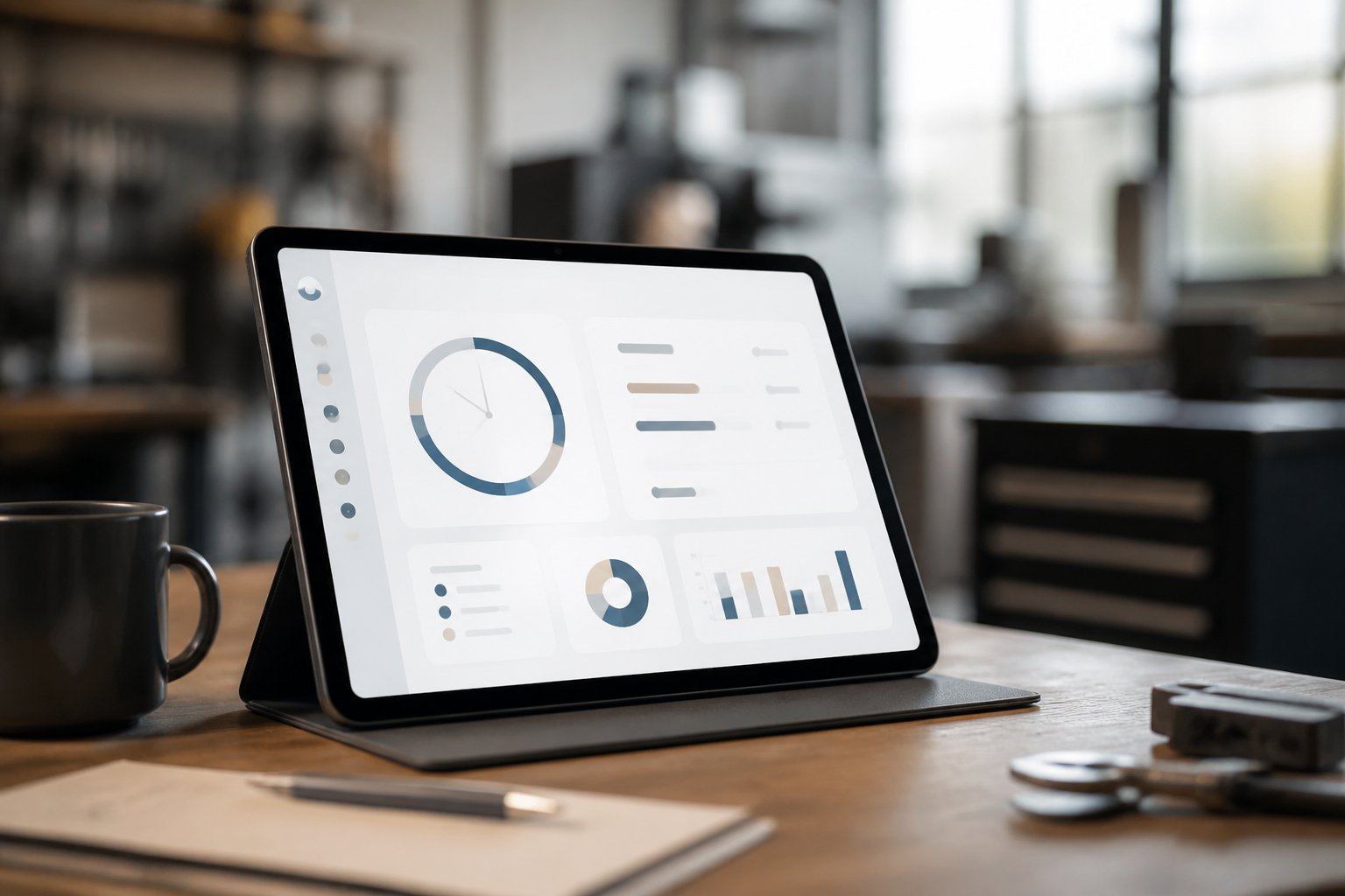 Une tablette numérique affichant une interface de gestion du temps de travail dans un atelier moderne en Occitanie.