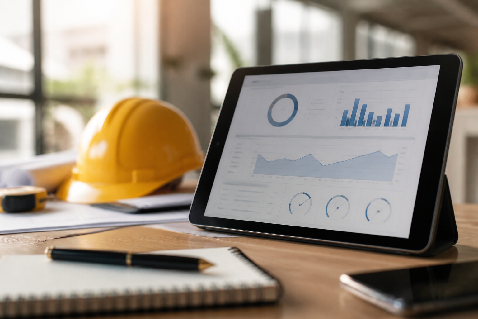 Tablette affichant un tableau de pointage des heures sur un bureau avec un casque de chantier en arrière-plan.
