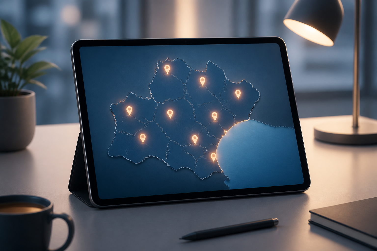 Une carte de l'Occitanie stylisée sur une tablette numérique avec des marqueurs de position lumineux.