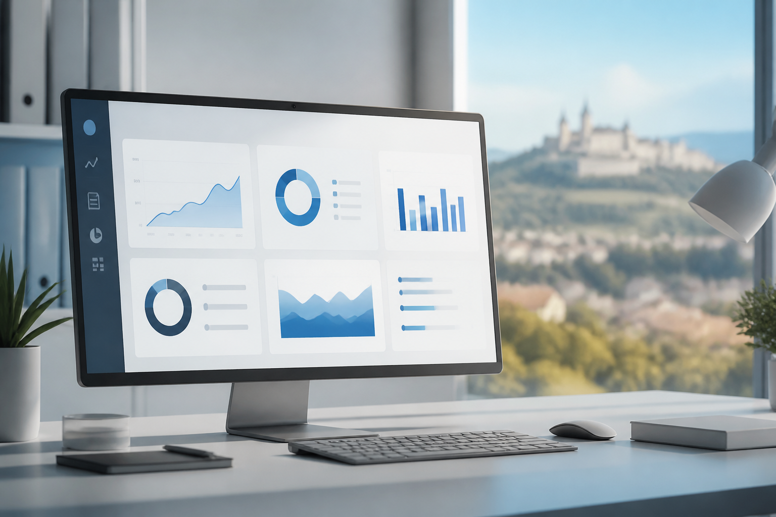 Interface moderne de logiciel métier affichant des graphiques de performance et des indicateurs de gestion pour une PME.