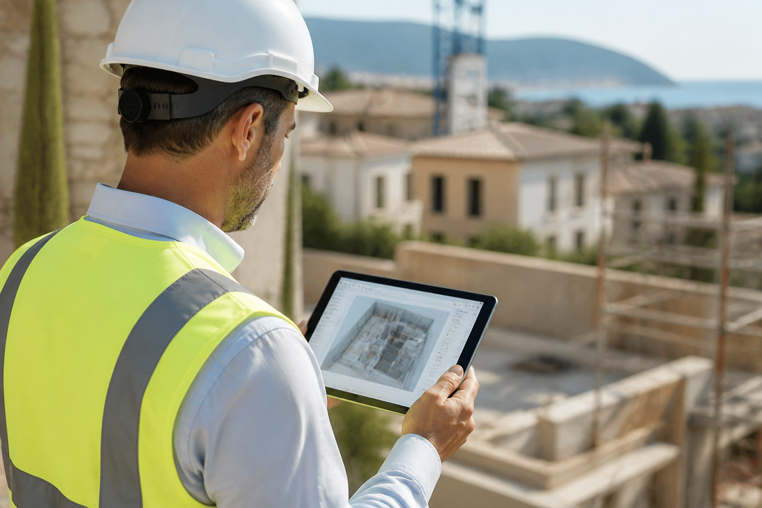 Un artisan du bâtiment en Occitanie consultant une tablette numérique sur un chantier de rénovation.