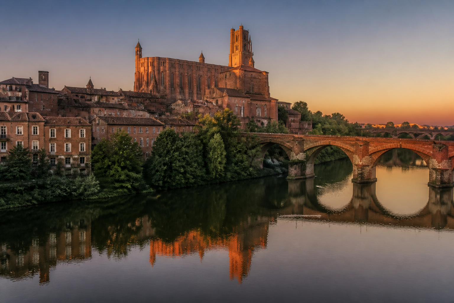 Vue panoramique de la cathédrale Sainte-Cécile dominant le Tarn à Albi.