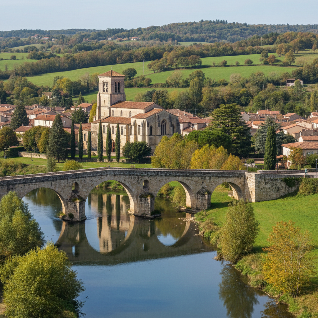 Le pont médiéval sur l'Ariège et les façades historiques de la vieille ville d'Auterive.