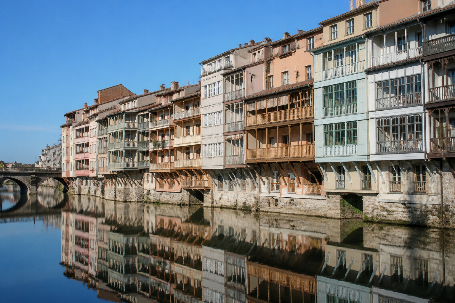 Les maisons colorées sur l'Agout avec leurs balcons en bois typiques à Castres.
