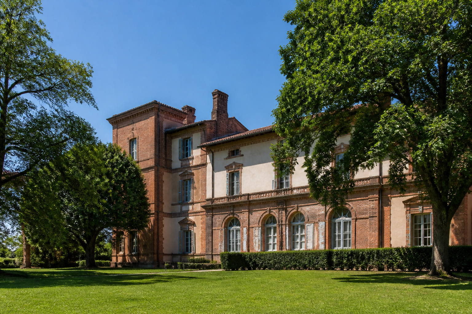 Vue sur le Manoir de La Cassagnère à Cugnaux sous un ciel ensoleillé.