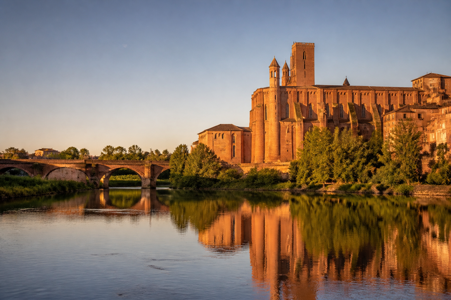 L'Abbaye Saint-Michel de Gaillac dominant les rives du Tarn au coucher du soleil.