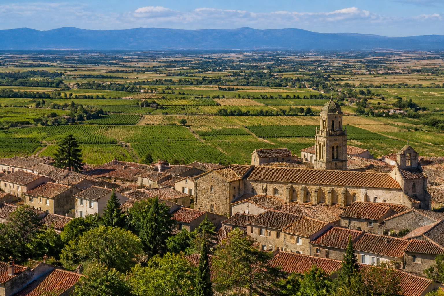 Vue aérienne des vignobles des Corbières entourant la ville de Lézignan-Corbières et son église Saint-Félix.